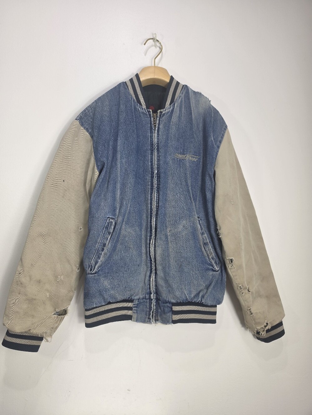 Vintage Red Kap Blue Denim & Beige Sleeve Bomber Jacket Made In USA
